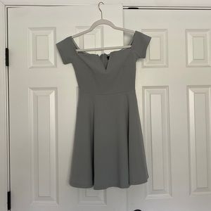 Lulus Gray-Teal Skater Dress with Off the Shoulder Sleeves